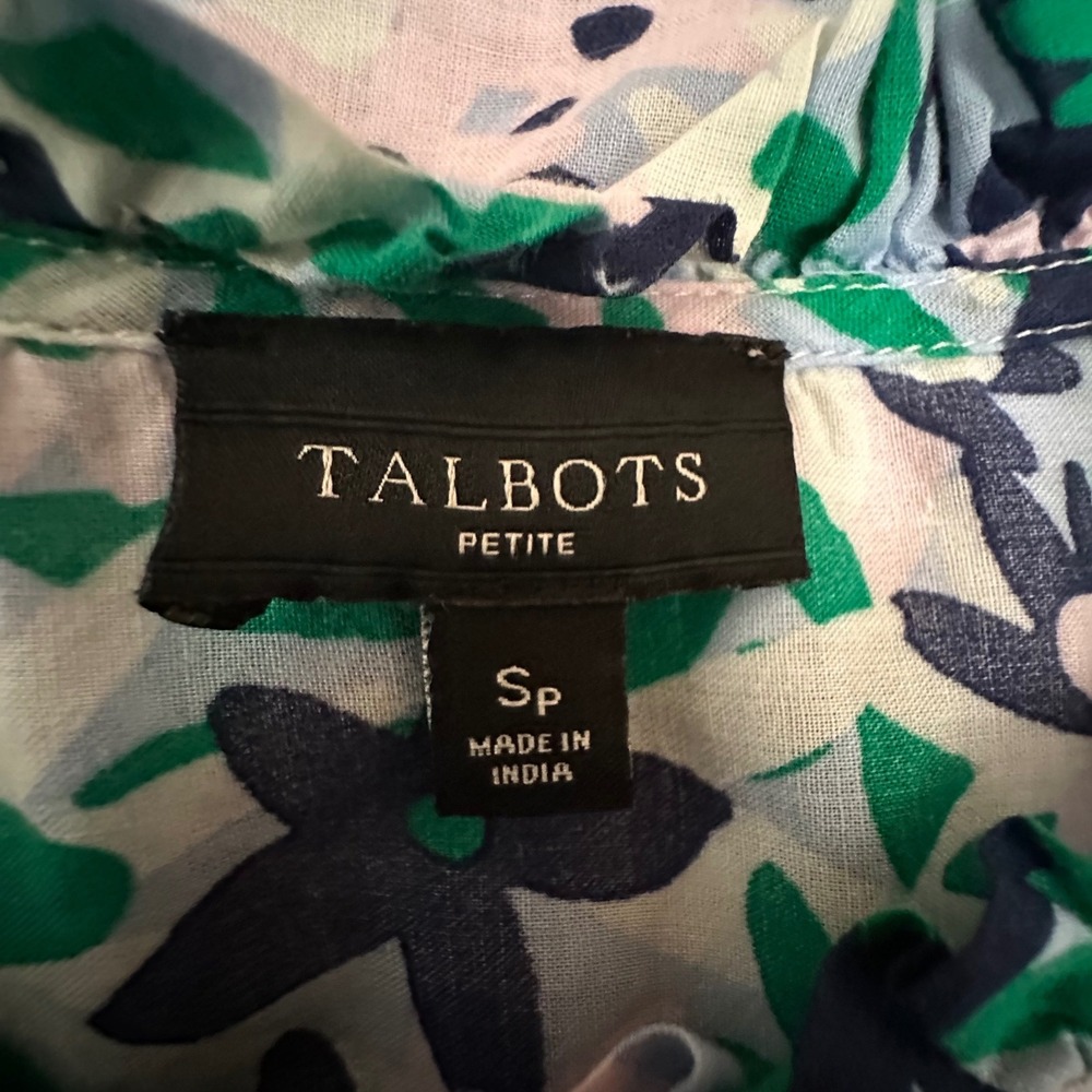 Talbots Petite Top Women's SP Navy Pink Floral‎ Ruffle Neck Button Up Shirt - Picture 7 of 9
